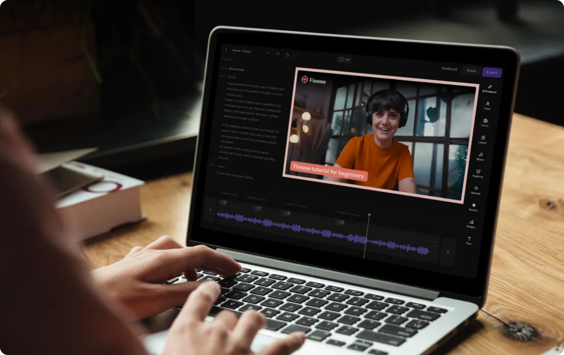 Person editing a video tutorial titled 'Flowee tutorial for beginners' on a laptop screen.